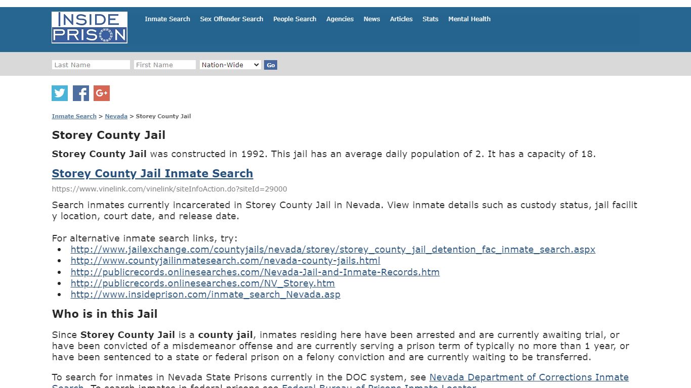 Storey County Jail - Nevada - Inmate Search - Inside Prison